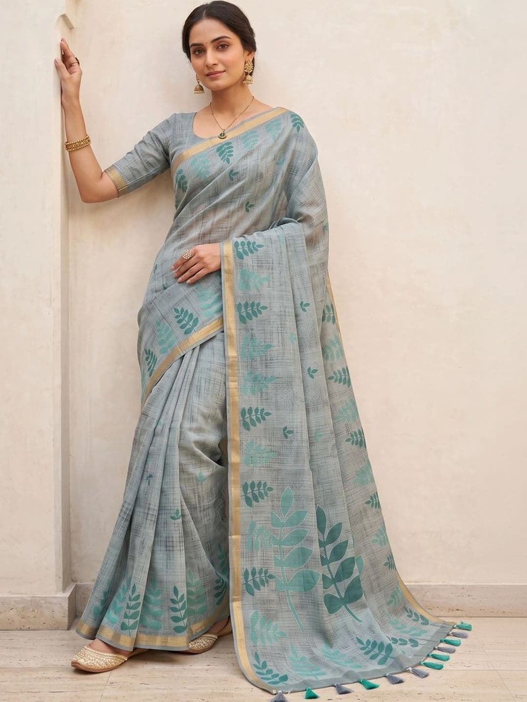 OLIVE SAGE Linen Blend Tussar Saree - view 1