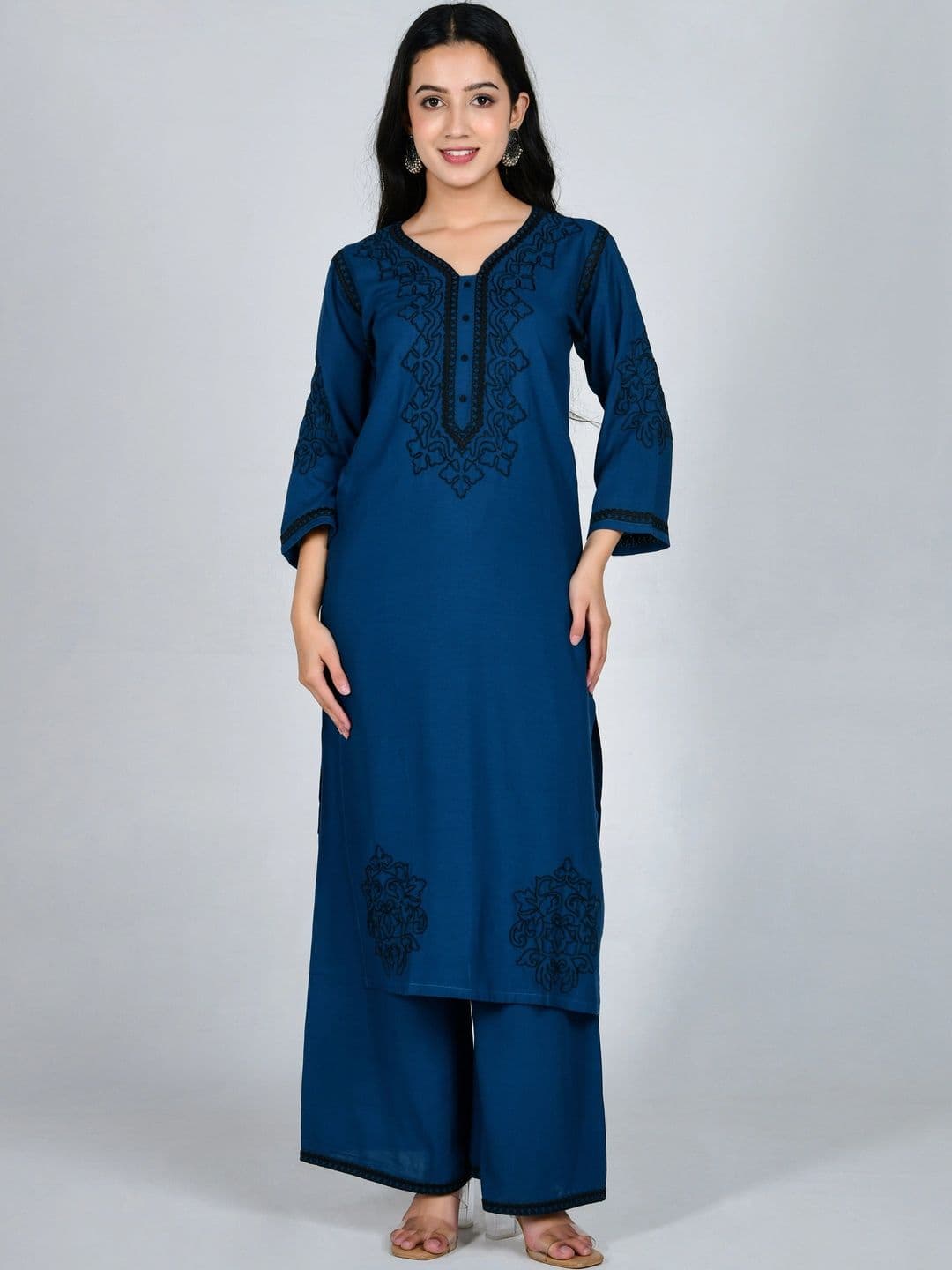 YOJINI Women Ethnic Motifs Embroidered Regular Thread Work Kurta with Palazzos thumbnail 2