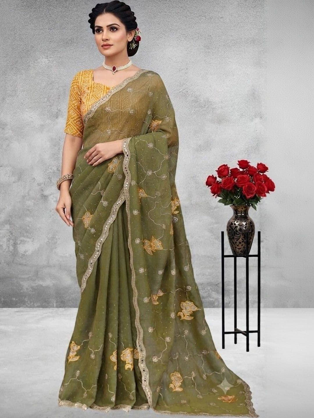 SmileyFashion Floral Embroidered Poly Georgette Saree - view 1