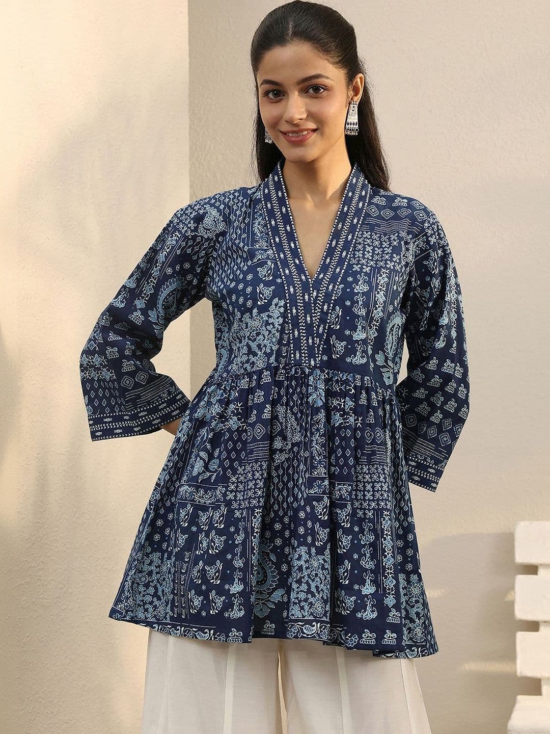 Libas Blue Ethnic Printed Cotton A-Line Short Kurti thumbnail 7