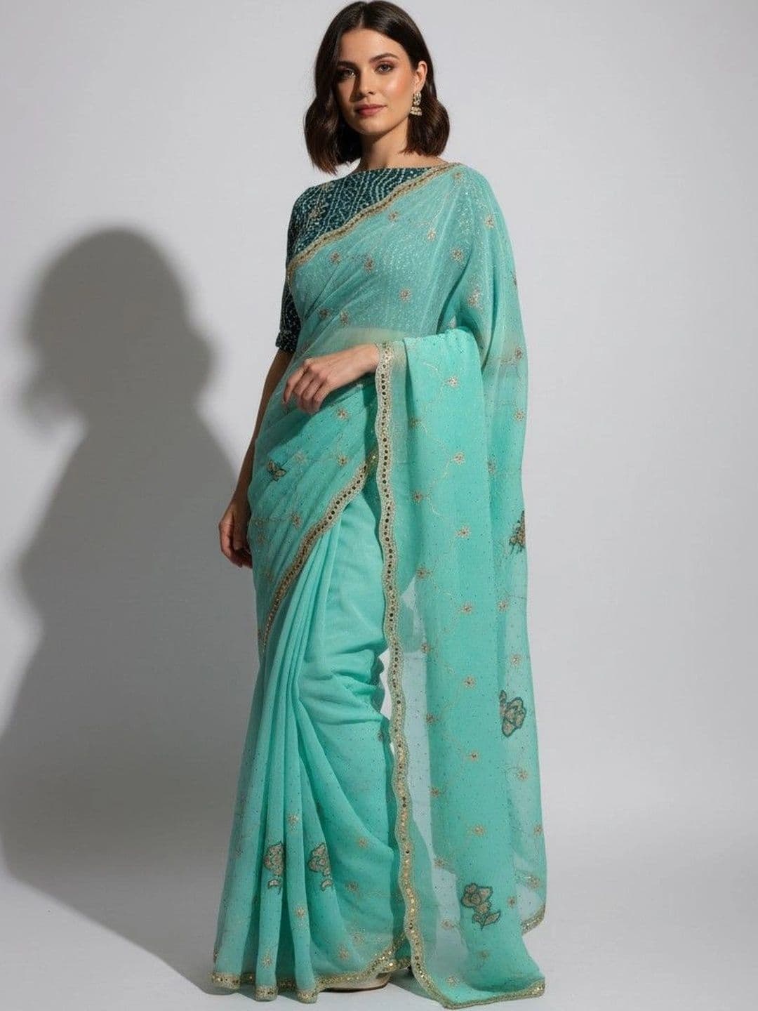 SmileyFashion Floral Zari Poly Georgette Saree thumbnail 5
