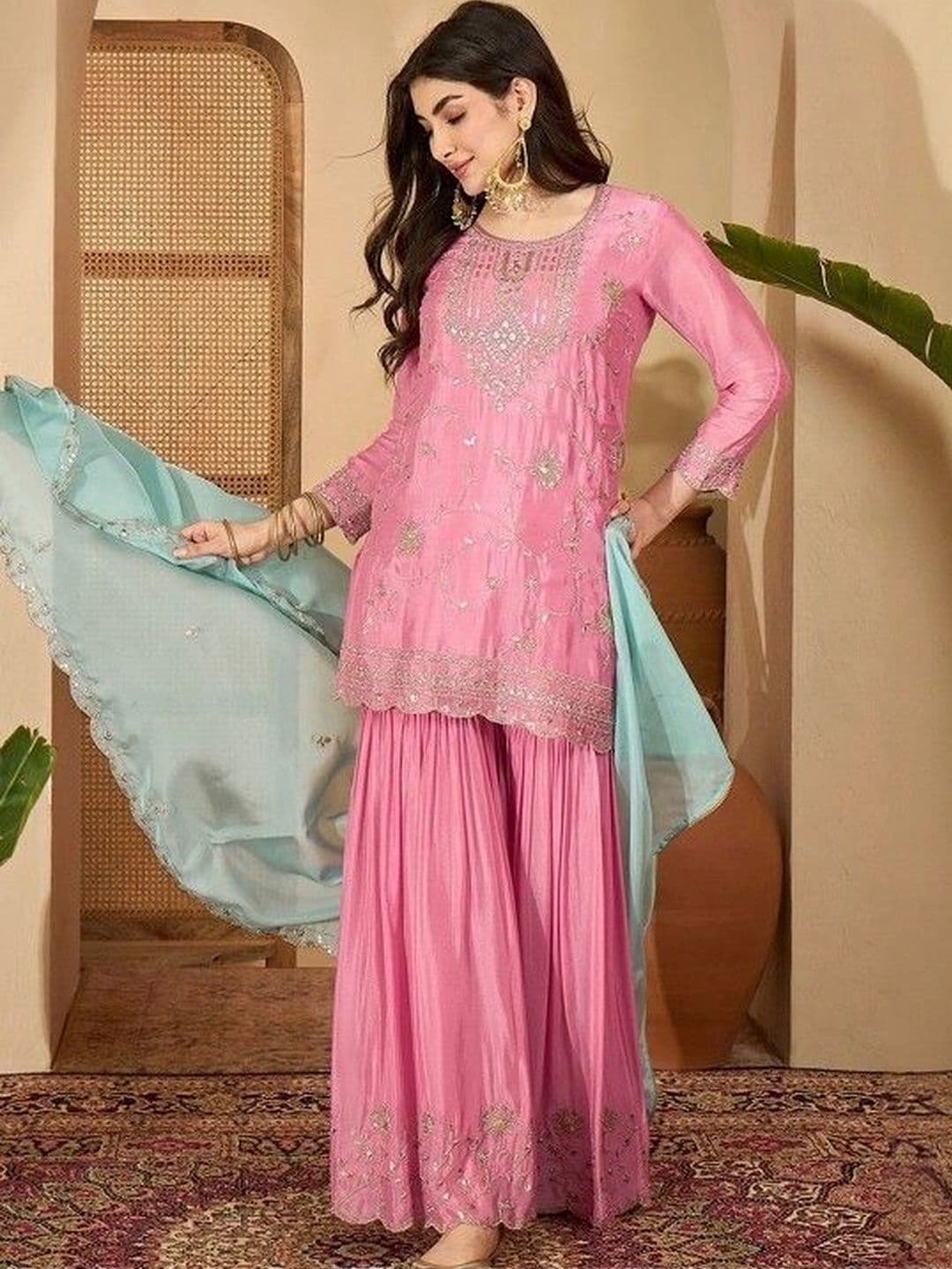 all about you Women Ethnic Motifs Embroidered Regular Sequinned Kurta with Sharara & With Dupatta - view 1