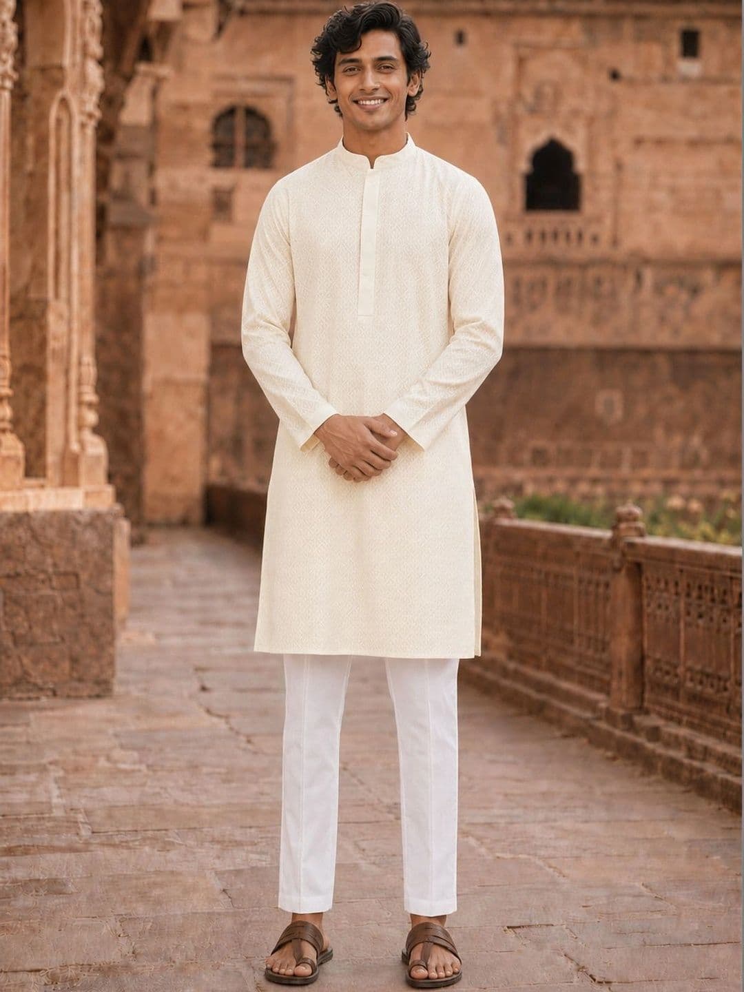 See Designs Mandarin Collar Geometric Chikankari Embroidered Straight Kurta - view 1