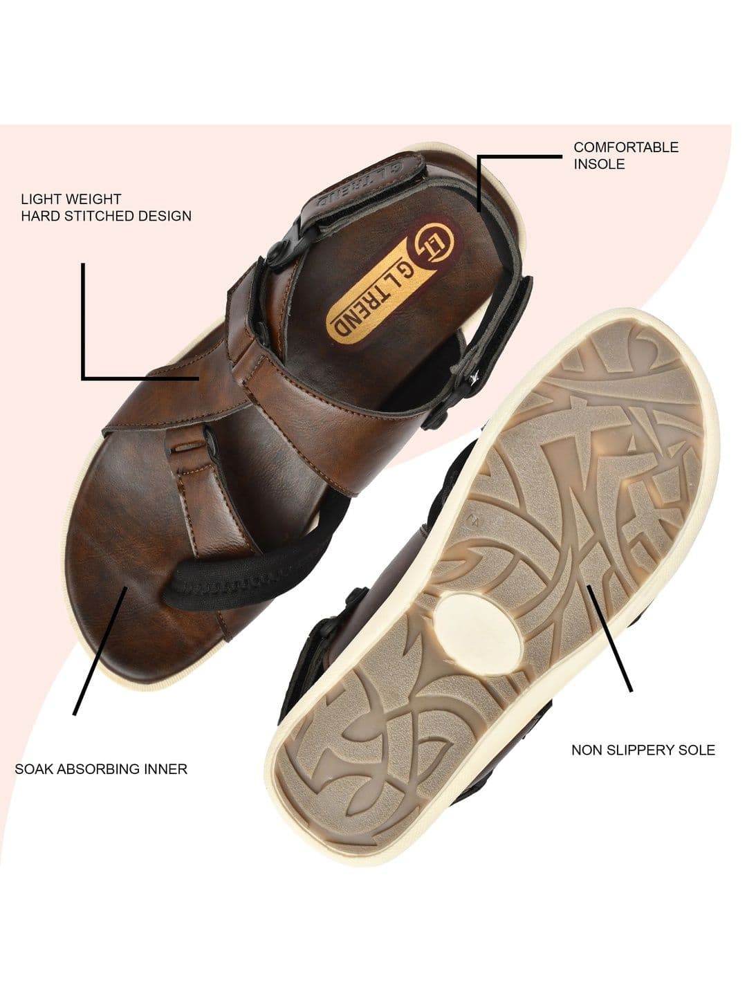 G L Trend Men Leather Comfort Brown Sandals with velcro closure thumbnail 4