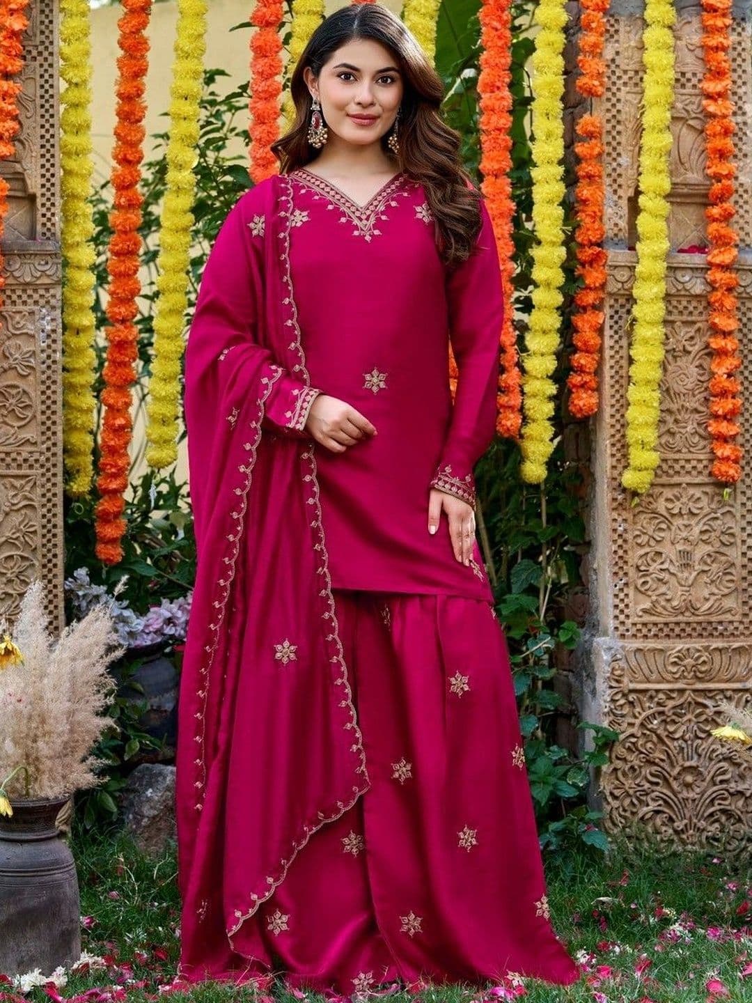 HERE&NOW Women Ethnic Motifs Embroidered Regular Thread Work Kurta with Sharara & With Dupatta - view 1