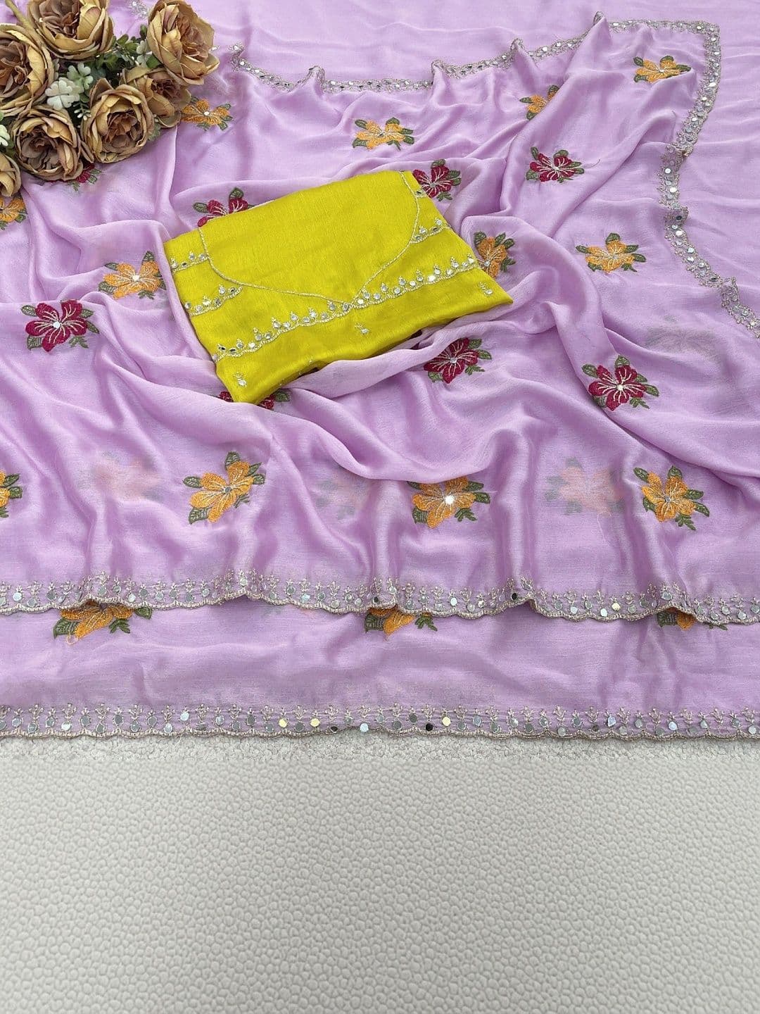 SmileyFashion Floral Mirror Work Poly Chiffon Designer Saree thumbnail 2