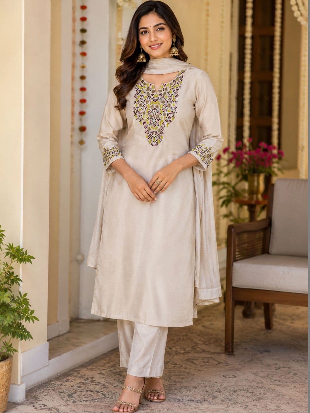 SZN Women Ethnic Motifs Embroidered Regular Thread Work Kurta with Trousers & With Dupatta - view 1