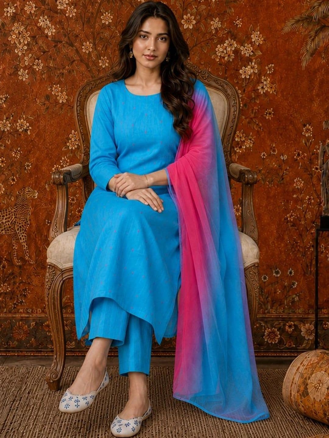 Sangria Women Ethnic Motifs Printed Regular Kurta with Trousers & With Dupatta thumbnail 2
