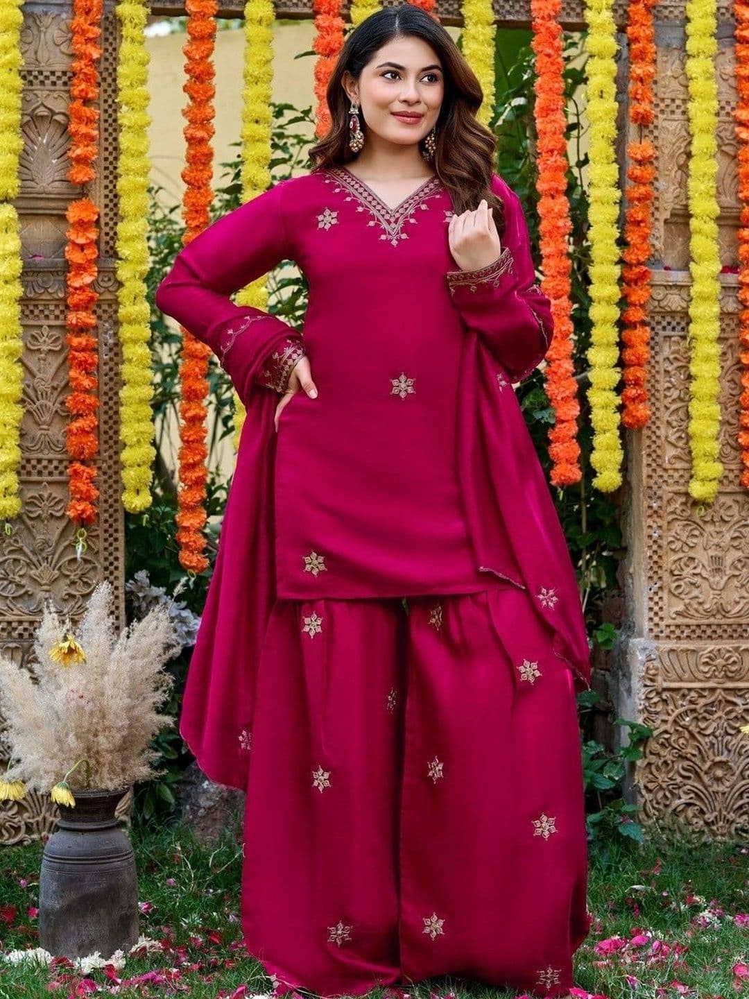 all about you Women Ethnic Motifs Embroidered Regular Thread Work Kurta with Sharara & With Dupatta thumbnail 6