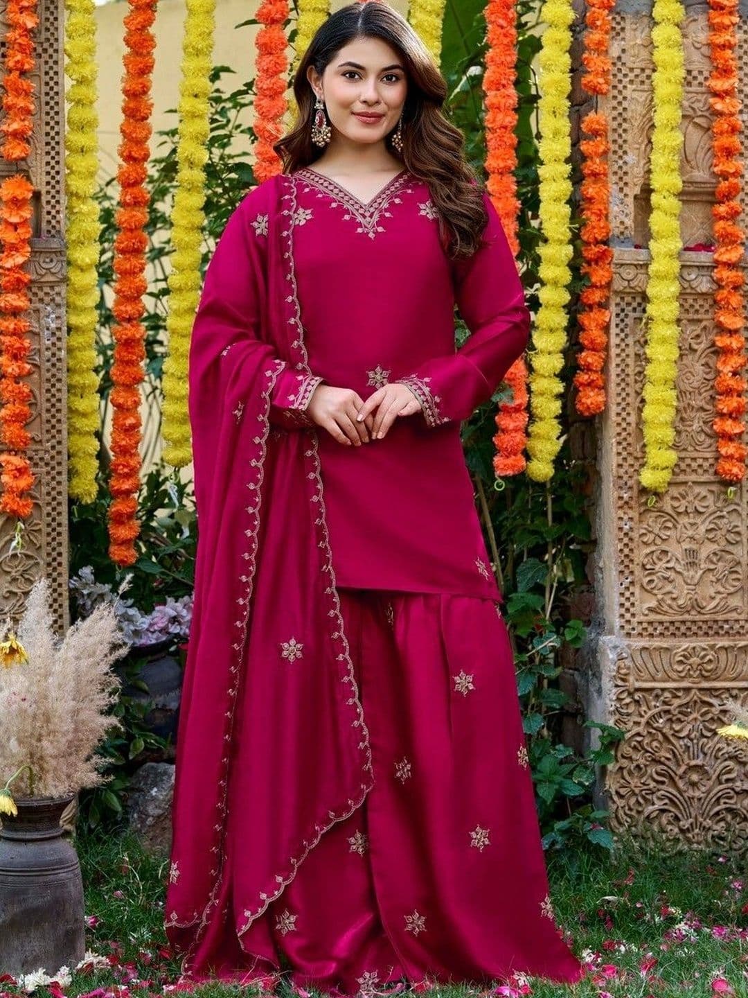 all about you Women Ethnic Motifs Embroidered Regular Thread Work Kurta with Sharara & With Dupatta thumbnail 4