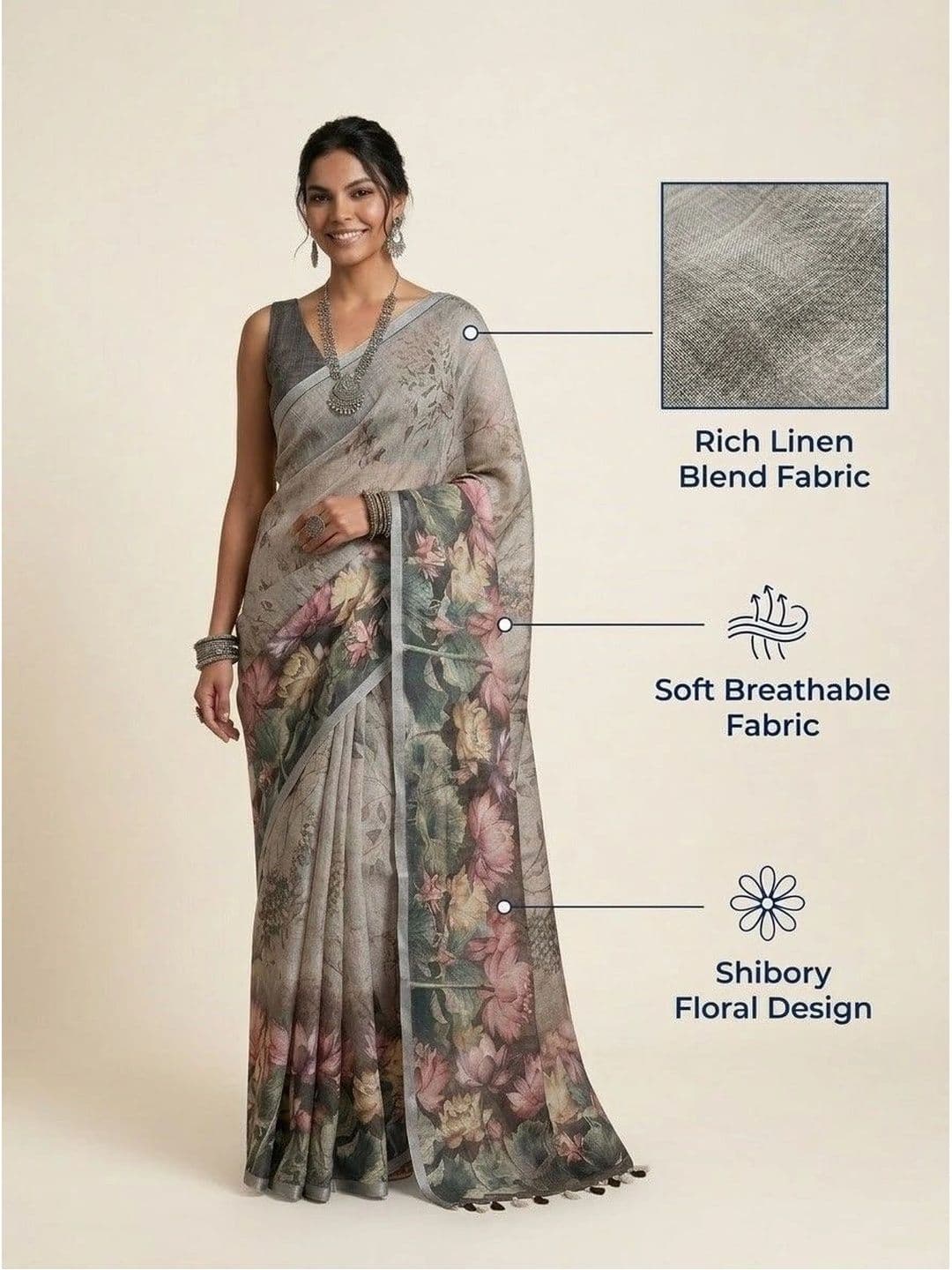 Anouk Floral Linen Blend Saree thumbnail 4
