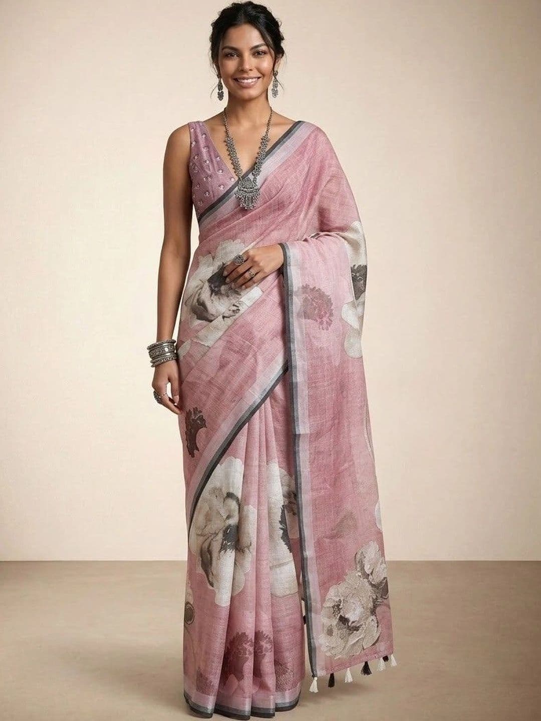 Anouk Floral Pure Linen Saree - view 1