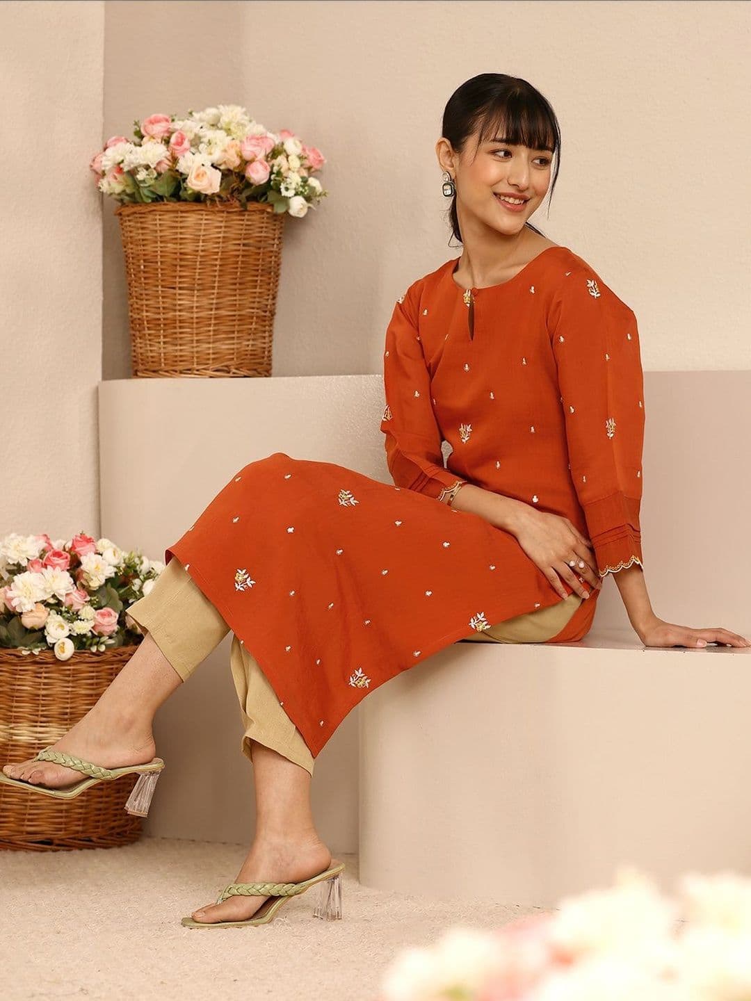 Libas Orange Embroidered Chanderi Cotton Straight Kurta - view 1