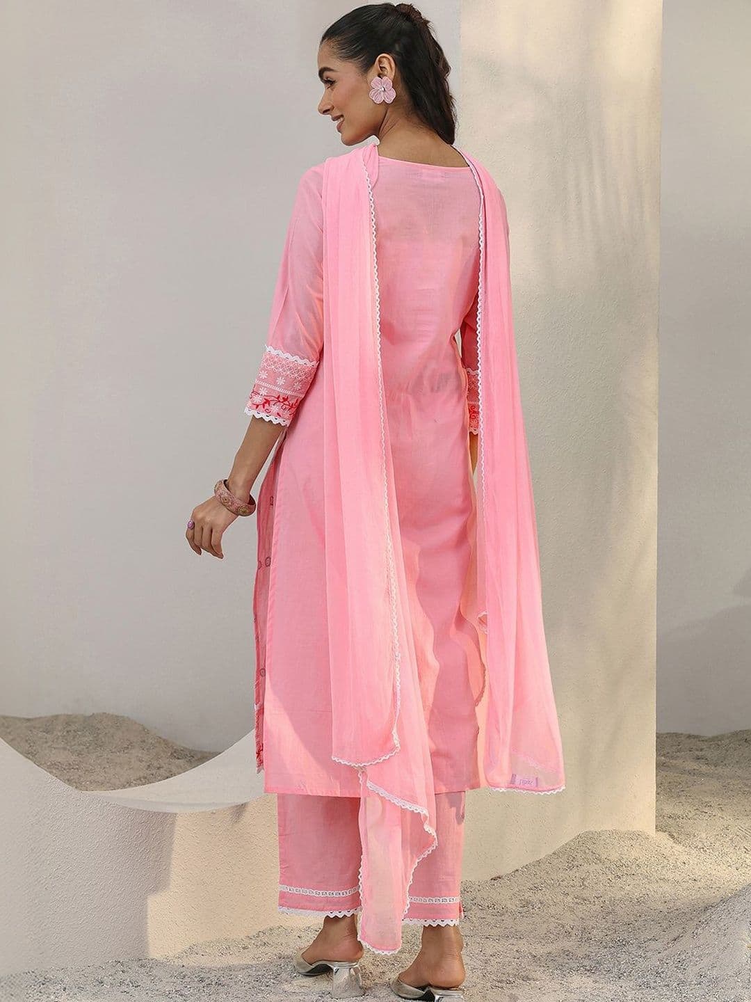 Libas Pink Floral Embroidered Cotton Straight Suit Set With Dupatta thumbnail 2