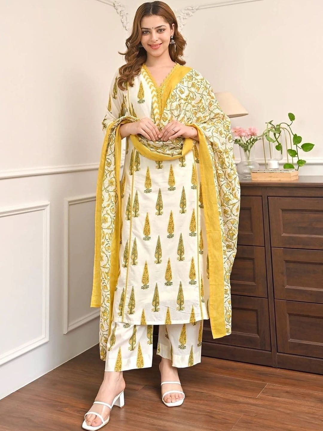 HERE&NOW Women Ethnic Motifs Printed Regular Pure Cotton Kurta with Trousers & With Dupatta - view 1
