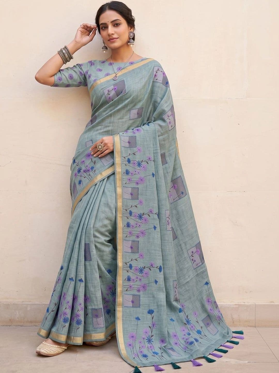 OLIVE SAGE Floral Linen Blend Tussar Saree thumbnail 6