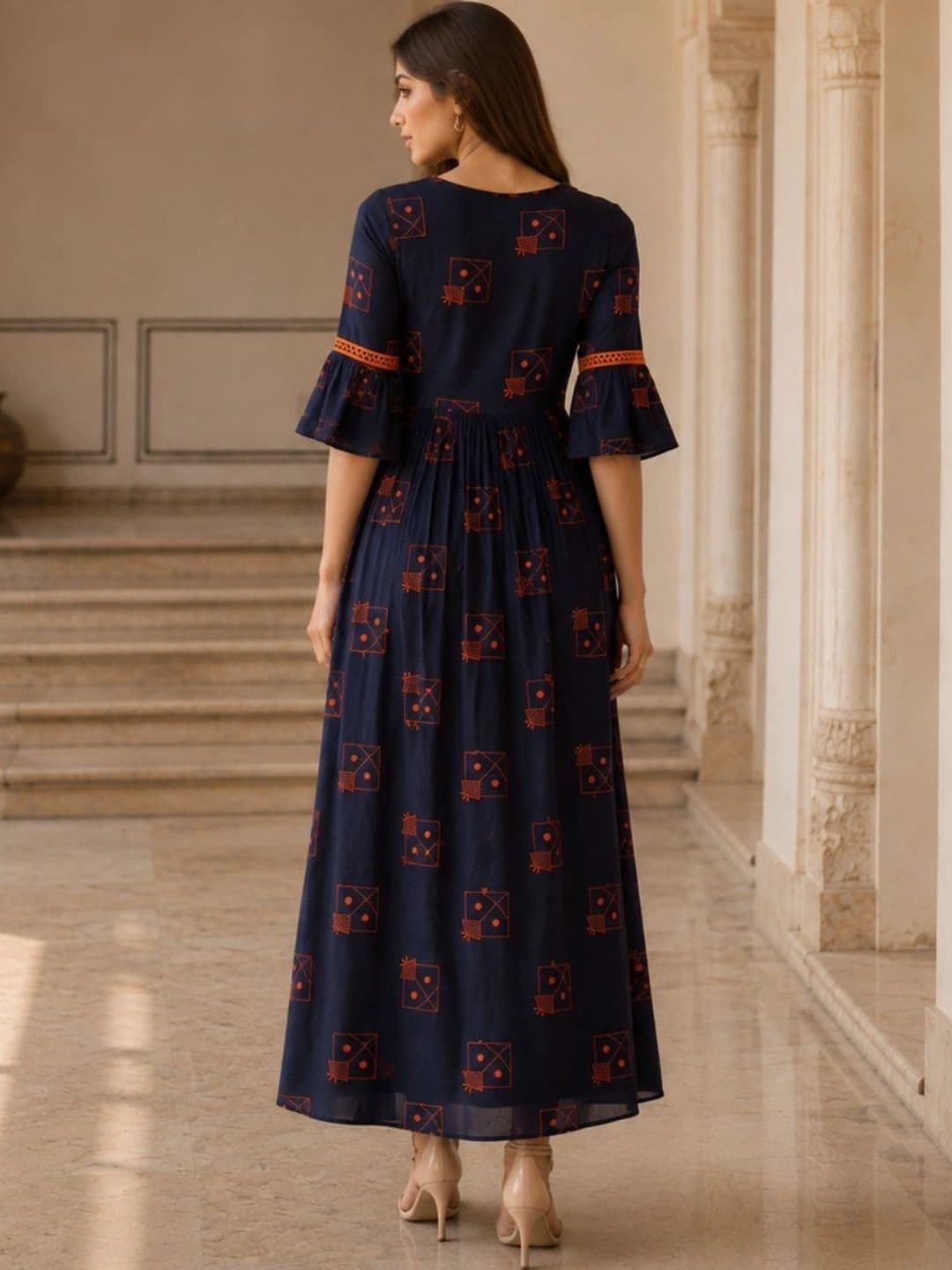 indo street Women Printed Round Neck A-Line Ethnic Dresses thumbnail 3
