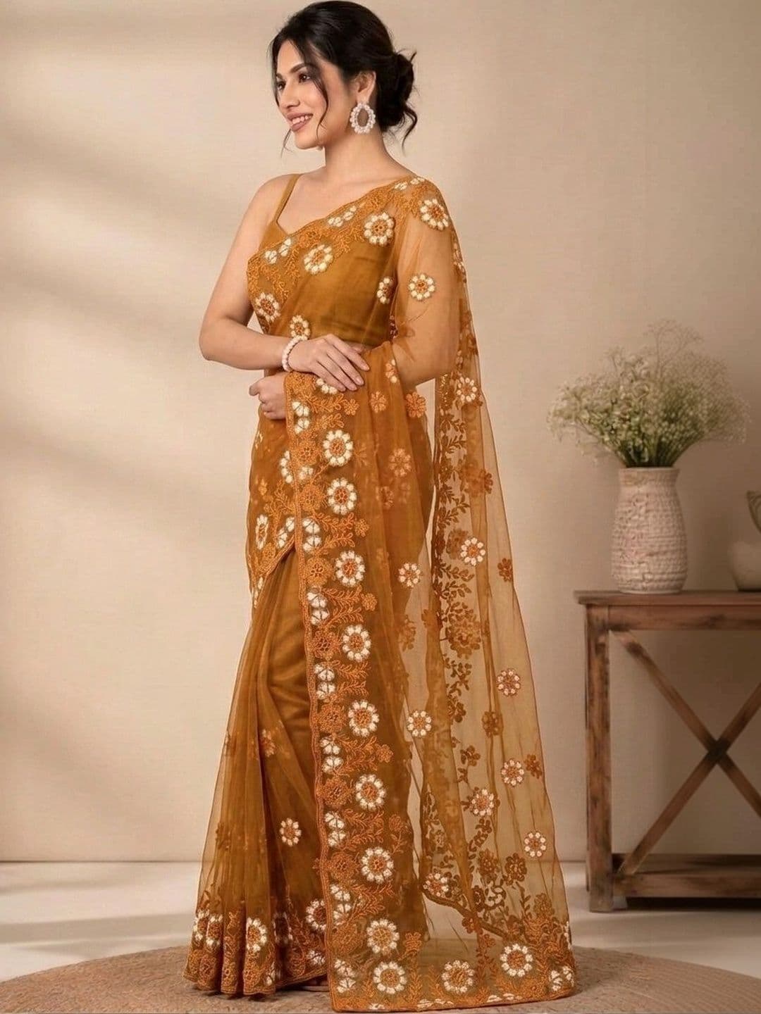 akhodalkrp Floral Embroidered Net Saree thumbnail 3