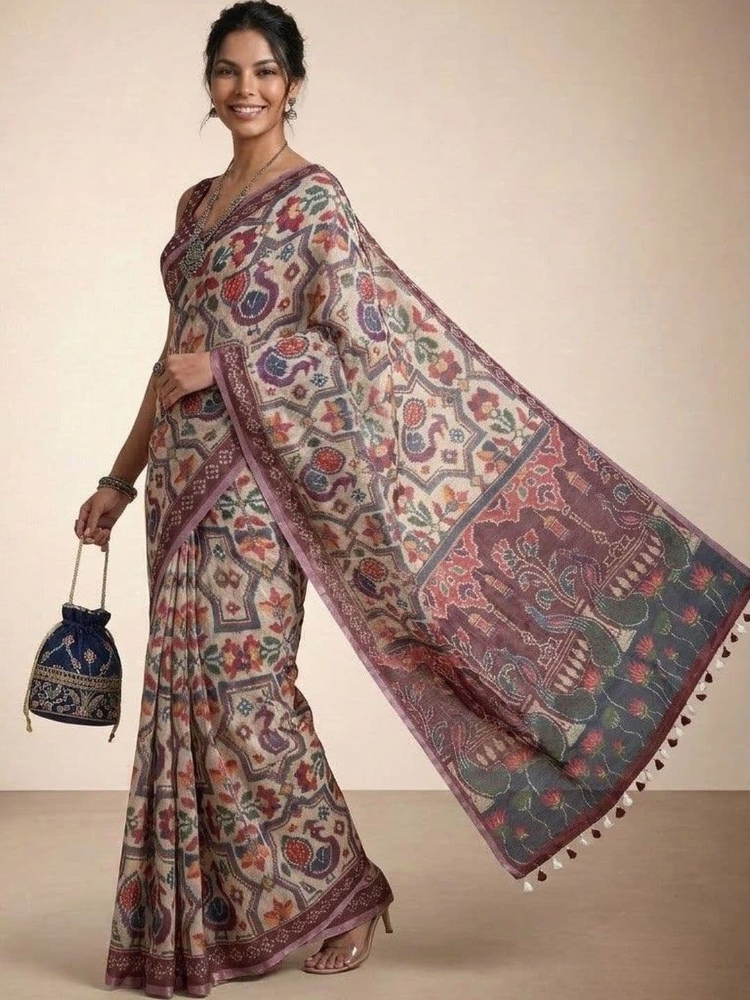 Anouk Linen Blend Patola Saree thumbnail 5