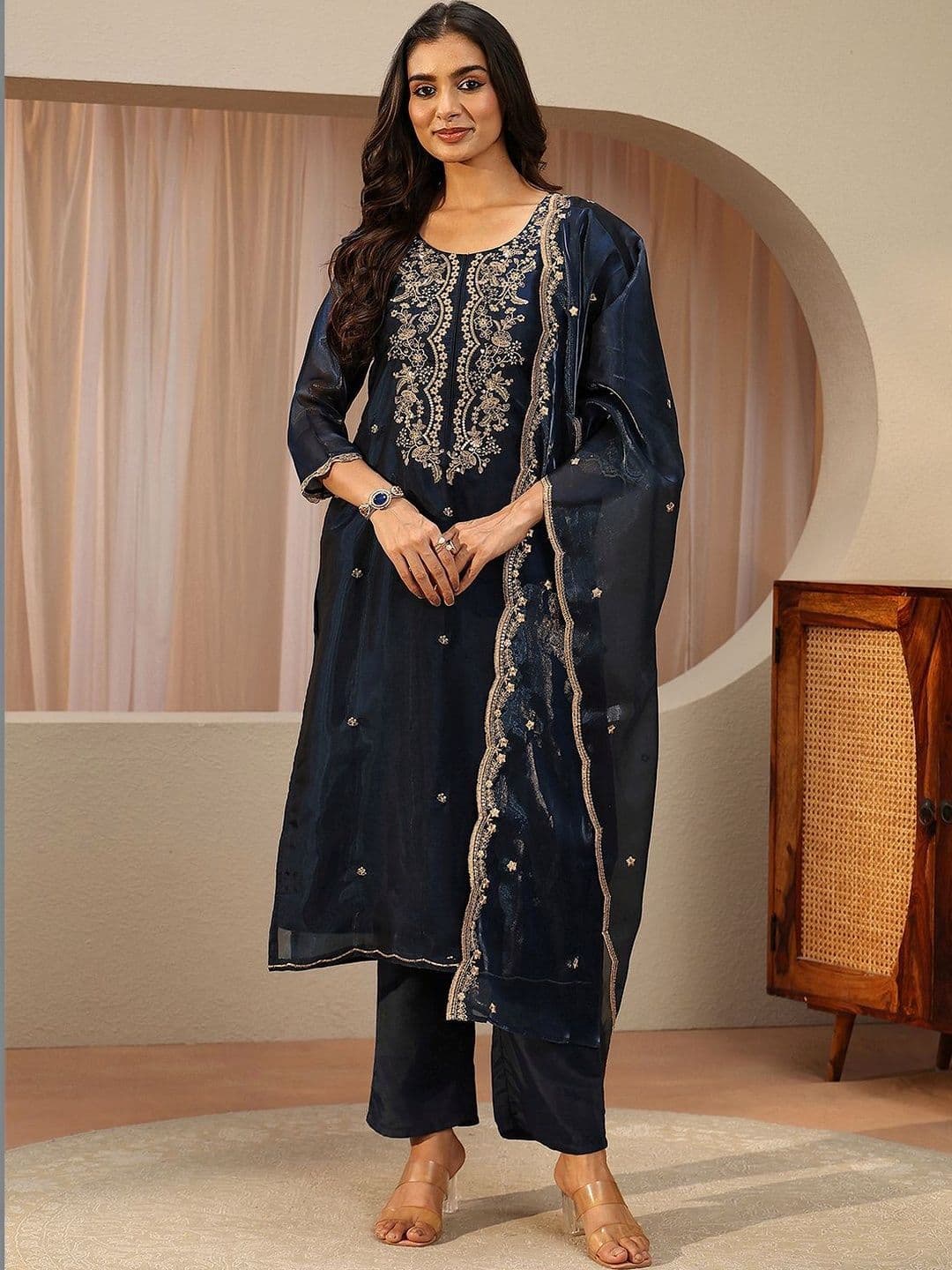 Libas Blue Floral Embroidered Tissue Straight Suit Set thumbnail 7