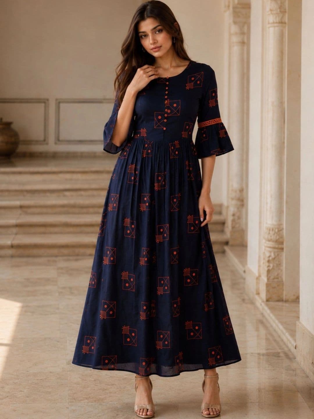 indo street Women Printed Round Neck A-Line Ethnic Dresses - view 1