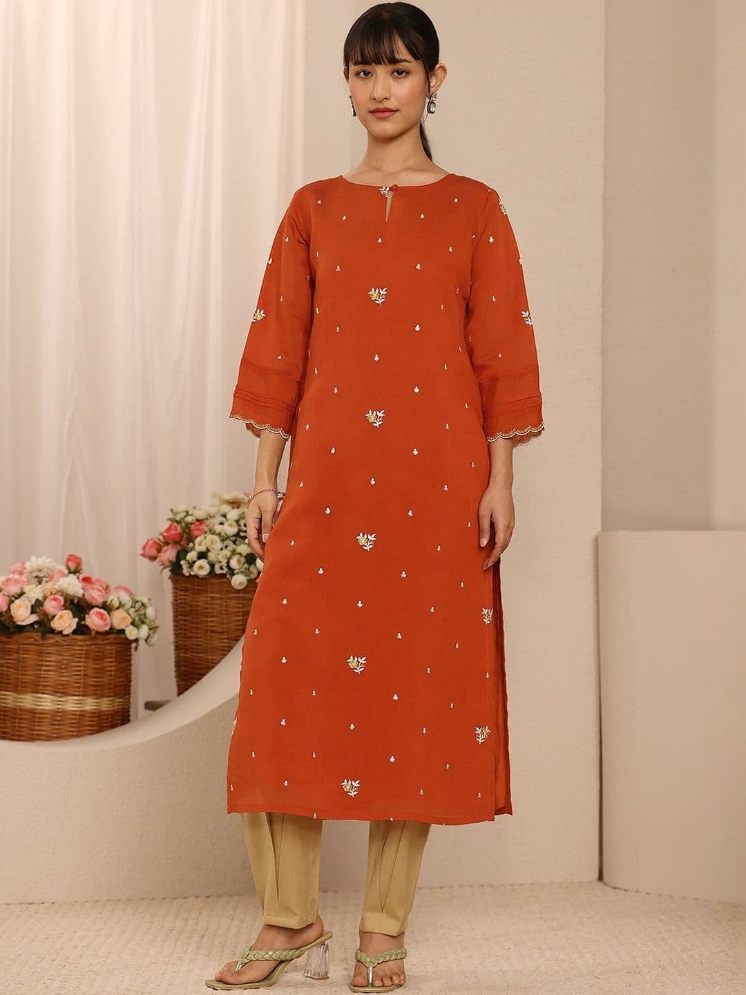 Libas Orange Embroidered Chanderi Cotton Straight Kurta thumbnail 4
