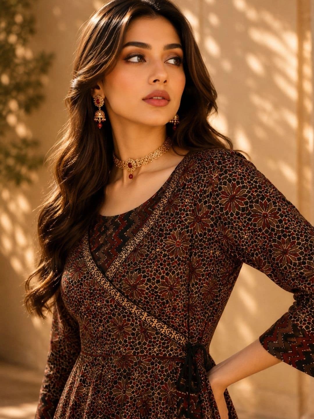 indo street Women Ethnic Motifs Printed Angrakha Pure Cotton Kurta with Trousers thumbnail 5