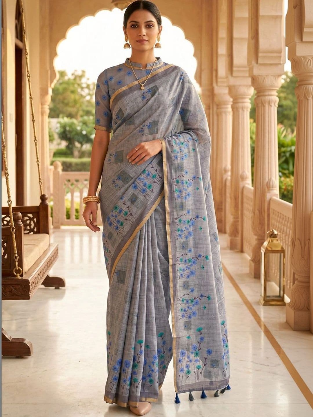 OLIVE SAGE Floral Linen Blend Tussar Saree thumbnail 6