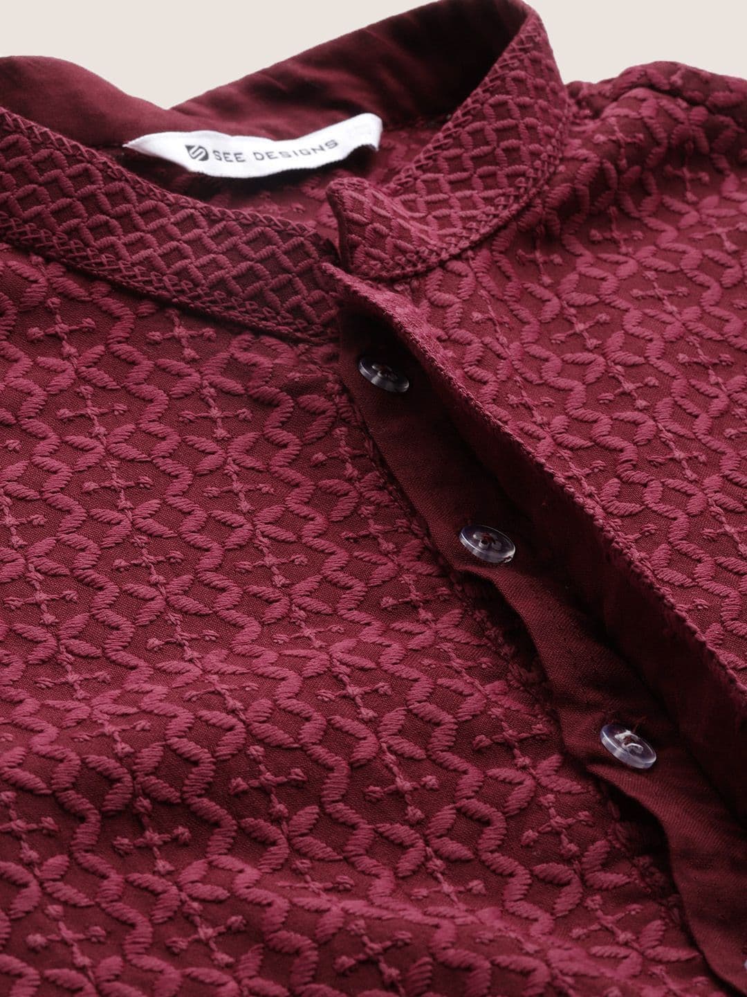 See Designs Geometric Embroidered Mandarin Collar Chikankari Straight Kurta thumbnail 6