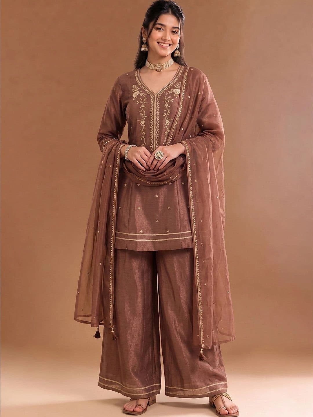 Varanga Women Ethnic Motifs Embroidered Empire Thread Work Kurta with Palazzos & With Dupatta - view 1