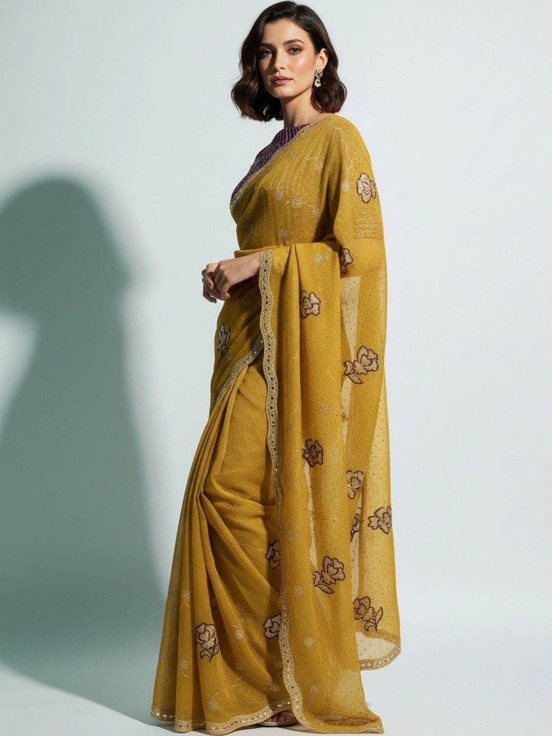 SmileyFashion Floral Poly Georgette Saree thumbnail 3