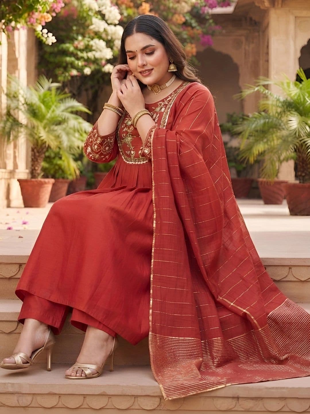 Nayo Women Ethnic Motifs Embroidered Pleated Gotta Patti Chanderi Silk Kurta with Trousers & With Dupatta thumbnail 2