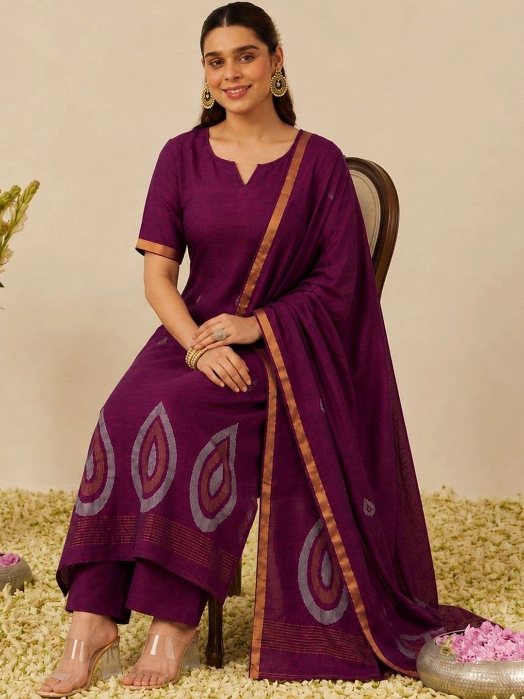 Sangria Women Ethnic Motifs Printed Regular Kurta with Trousers & With Dupatta thumbnail 3
