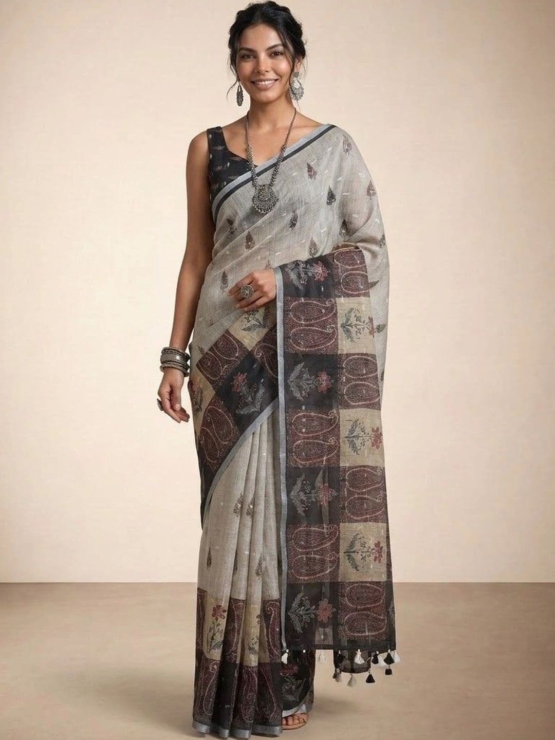 Anouk Paisley Linen Blend Ikat Saree - view 1