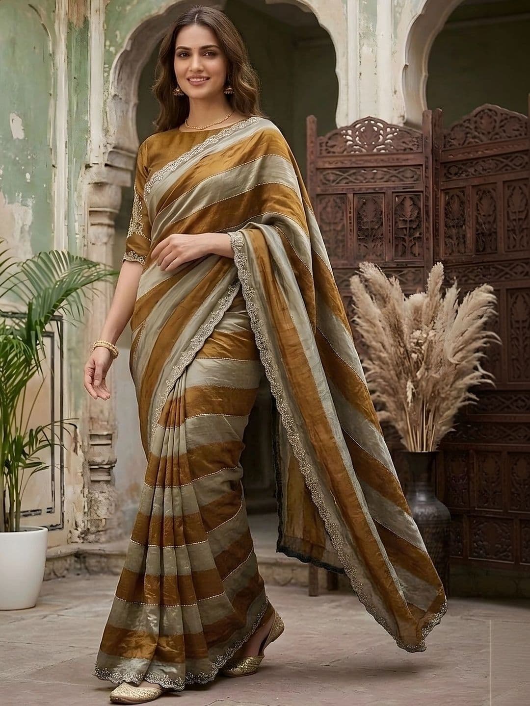 all about you Striped Embroidered Silk Blend Fusion Saree - view 1