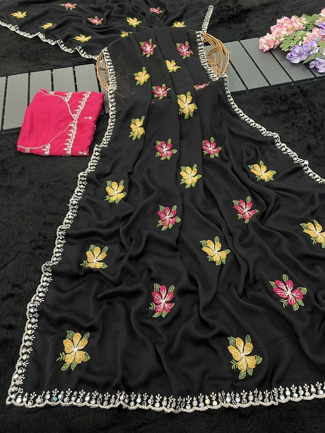 SmileyFashion Floral Embroidered Poly Chiffon Designer Saree thumbnail 2