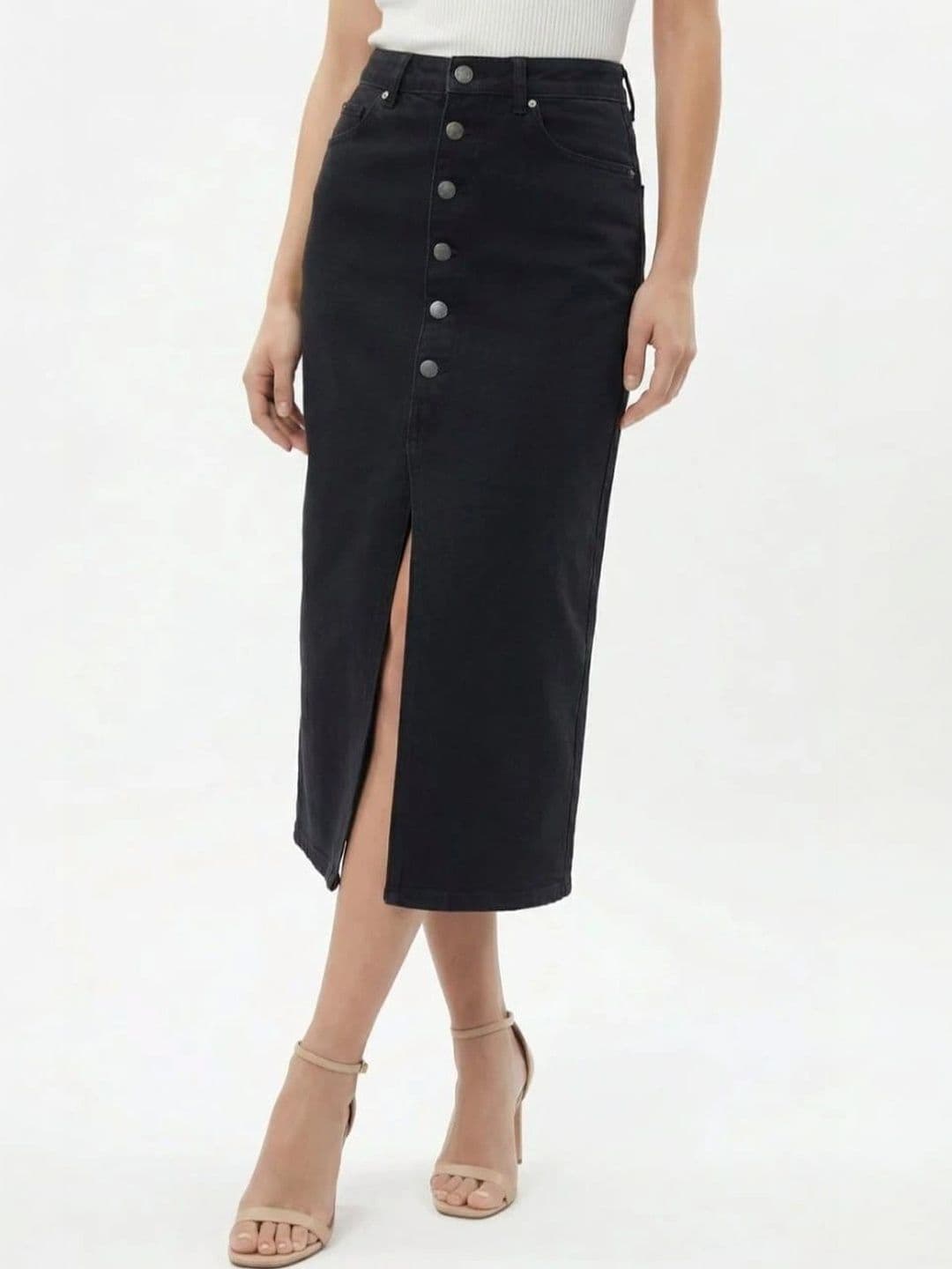 Pink Clap Fashion Women Denim Front Slit Midi Straight Skirt - view 1