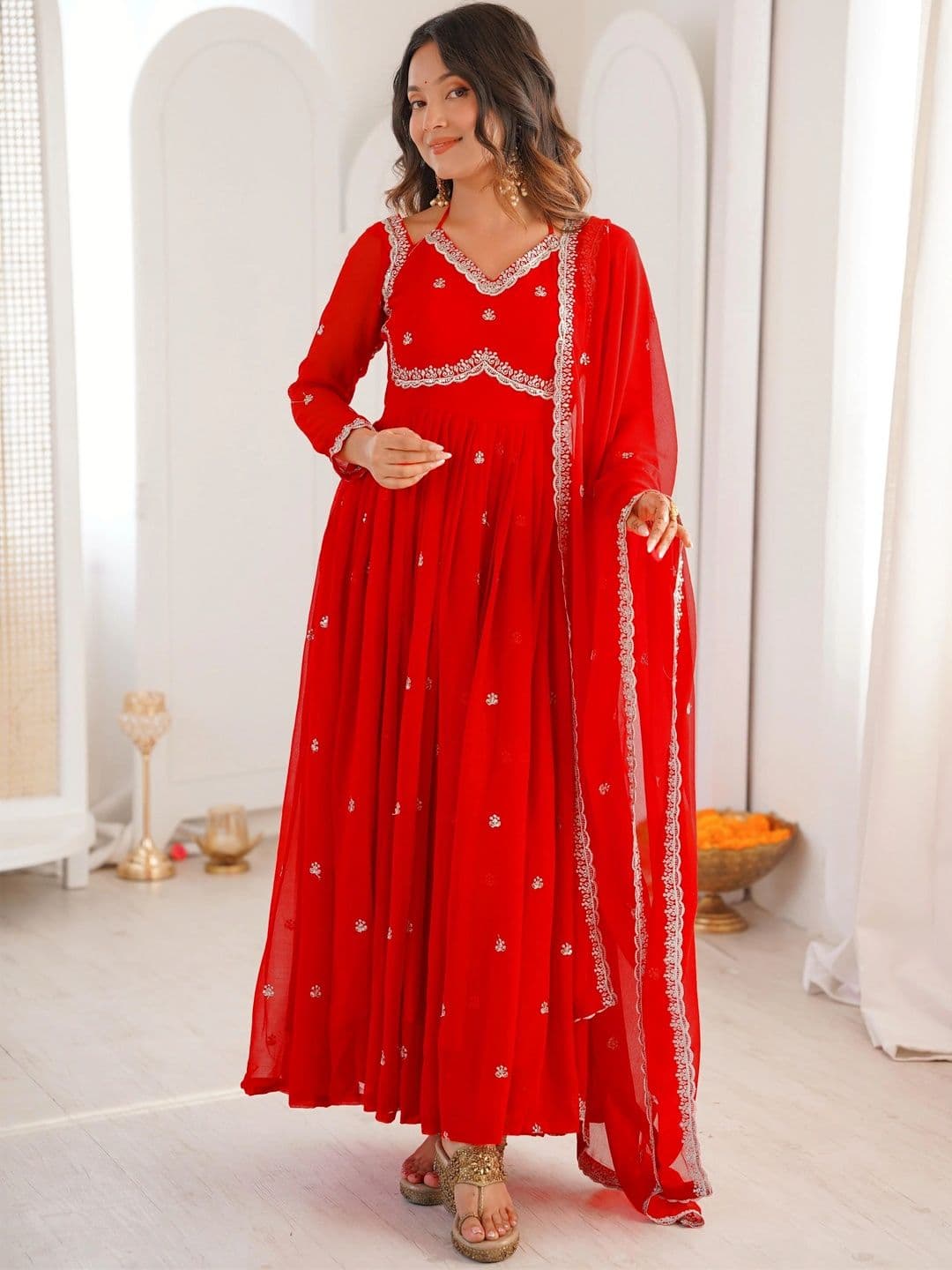 Frenzy Fusion Women Ethnic Motifs Embroidered Angrakha Thread Work Kurta with Palazzos & With Dupatta thumbnail 3