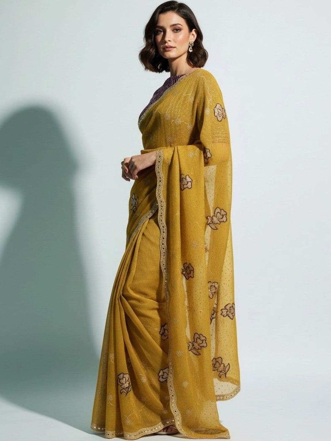 SmileyFashion Floral Poly Georgette Saree thumbnail 3