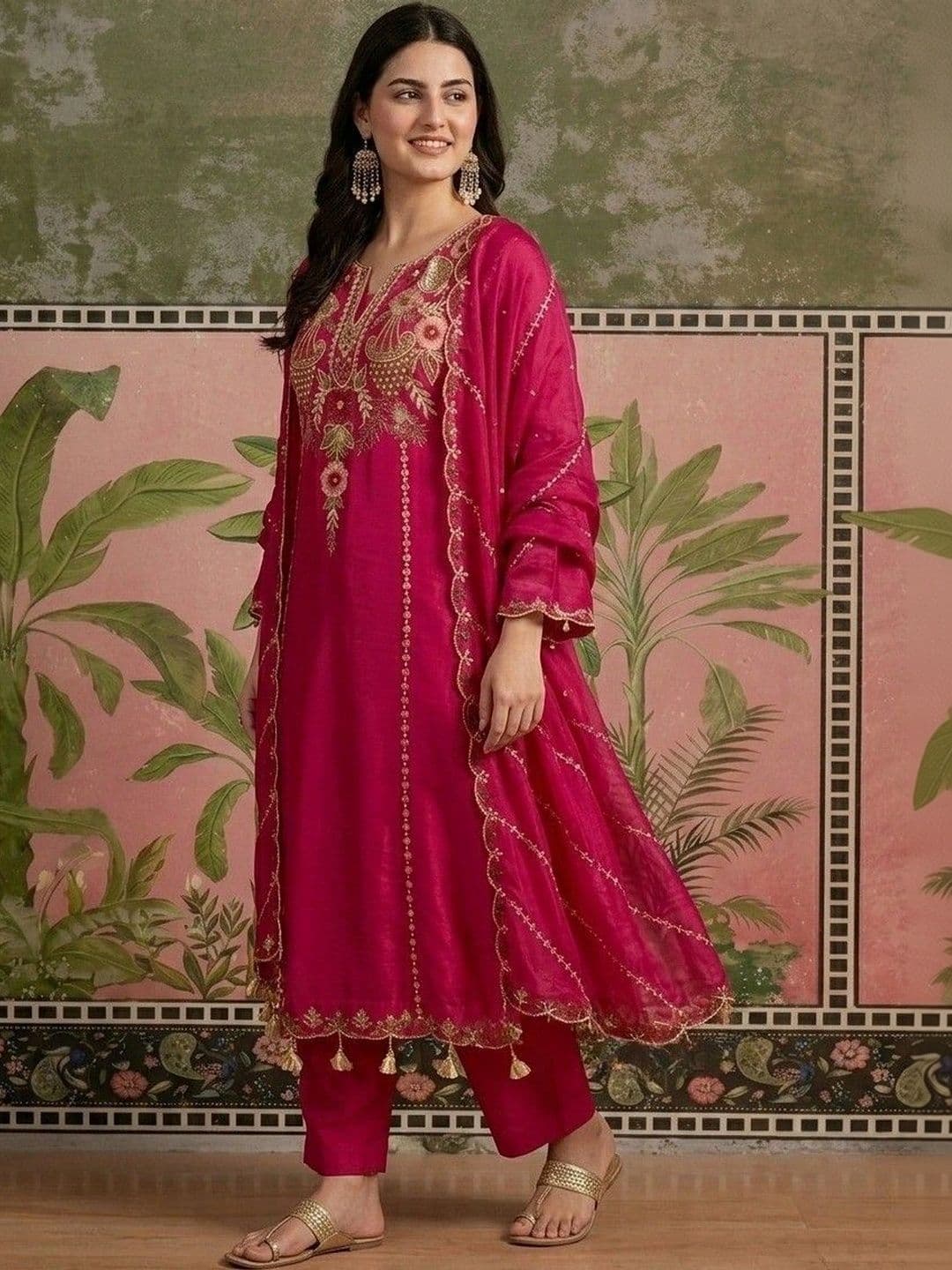 all about you Women Ethnic Motifs Embroidered Regular Thread Work Chanderi Silk Kurta with Trousers & With thumbnail 4