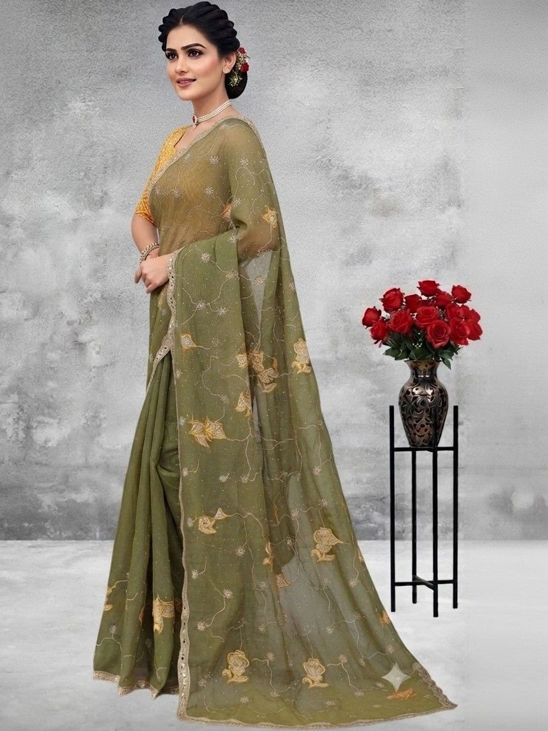 SmileyFashion Floral Embroidered Poly Georgette Saree thumbnail 3