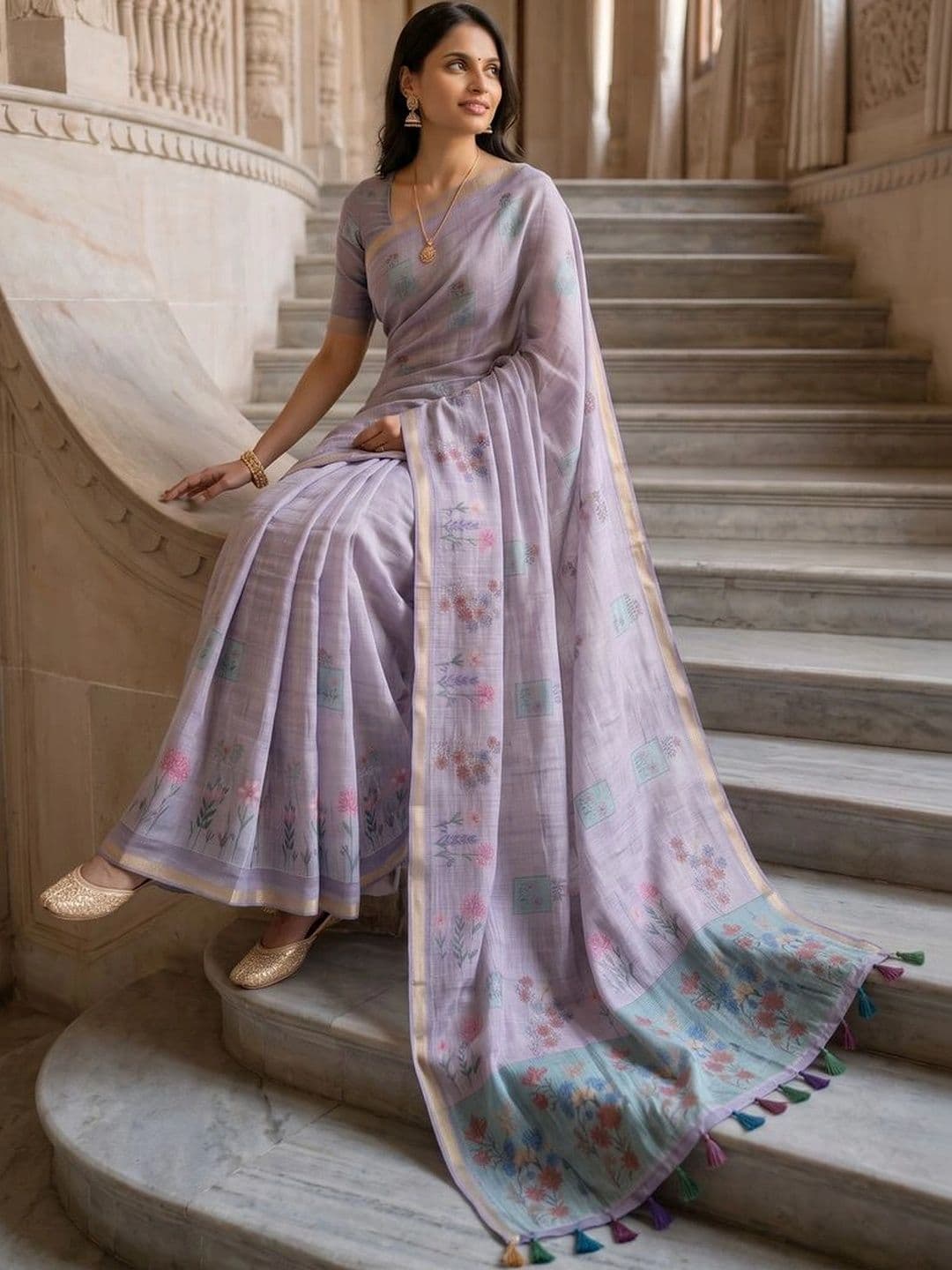 OLIVE SAGE Floral Linen Blend Tussar Saree thumbnail 3