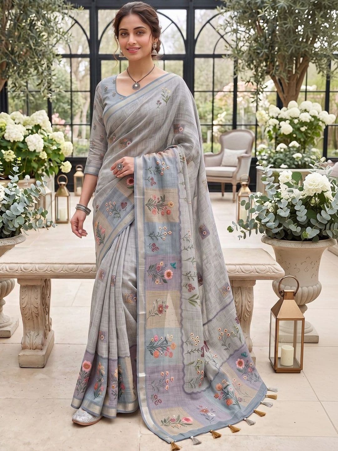 OLIVE SAGE Floral Linen Blend Tussar Saree thumbnail 6