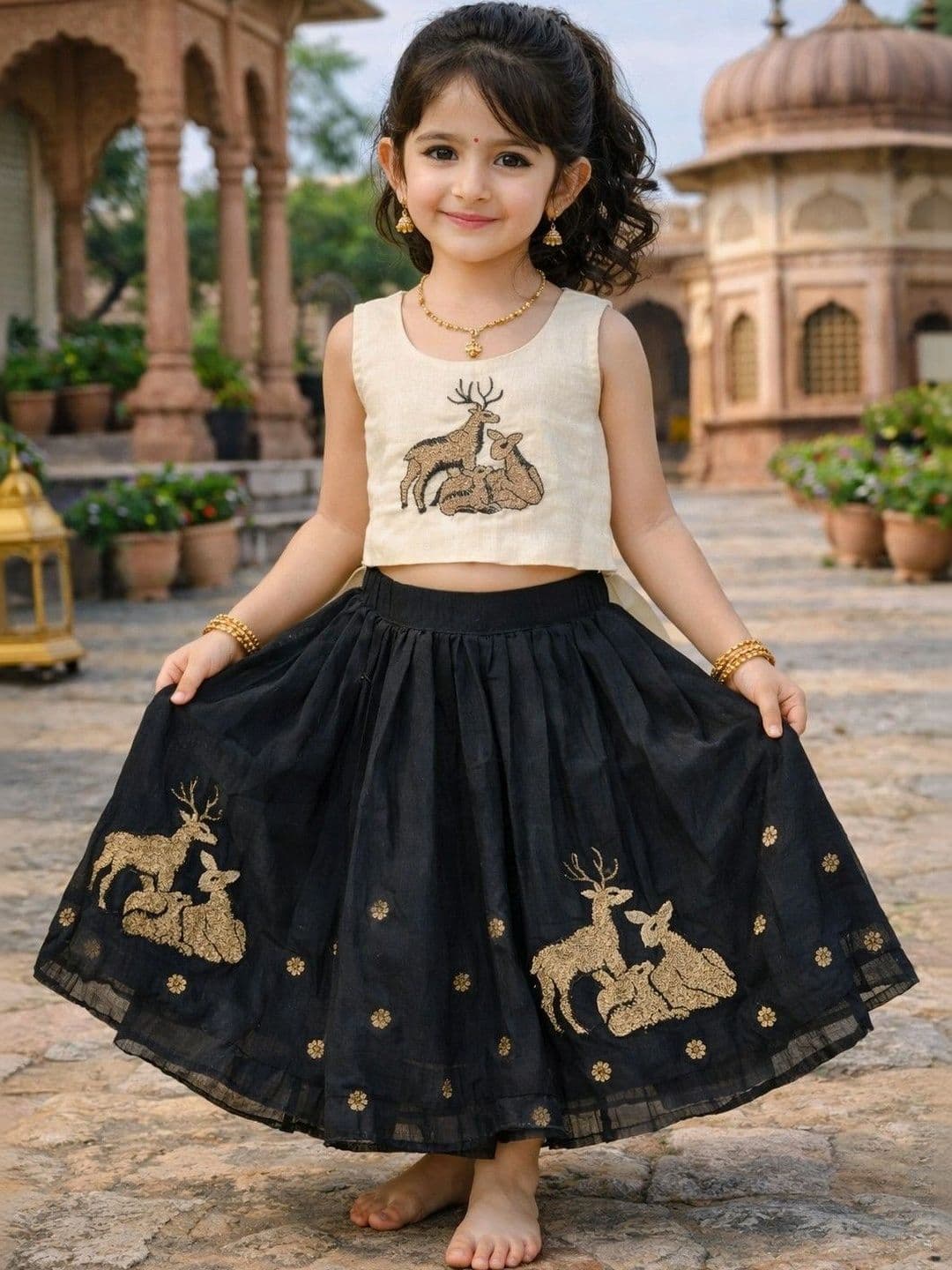 Poppy & Munchkin Girls Embroidered Thread Work Ready to Wear Lehenga thumbnail 3