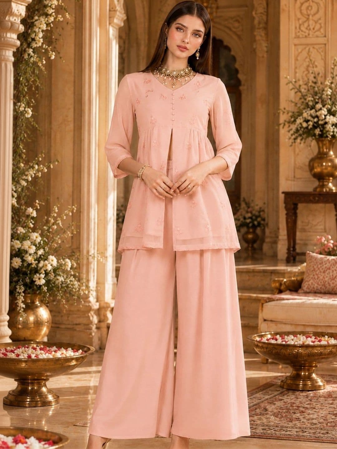 indo street Women Ethnic Motifs Embroidered Empire Thread Work Kurta with Palazzos - view 1