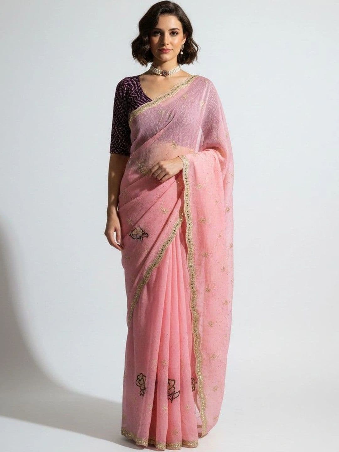 SmileyFashion Floral Embroidered Poly Georgette Saree thumbnail 5