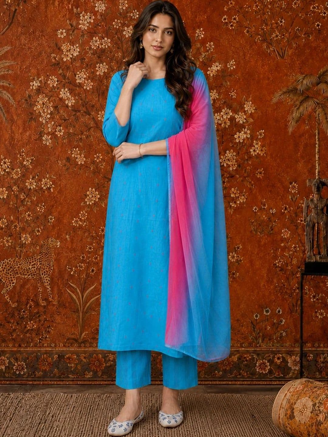Sangria Women Ethnic Motifs Printed Regular Kurta with Trousers & With Dupatta thumbnail 3