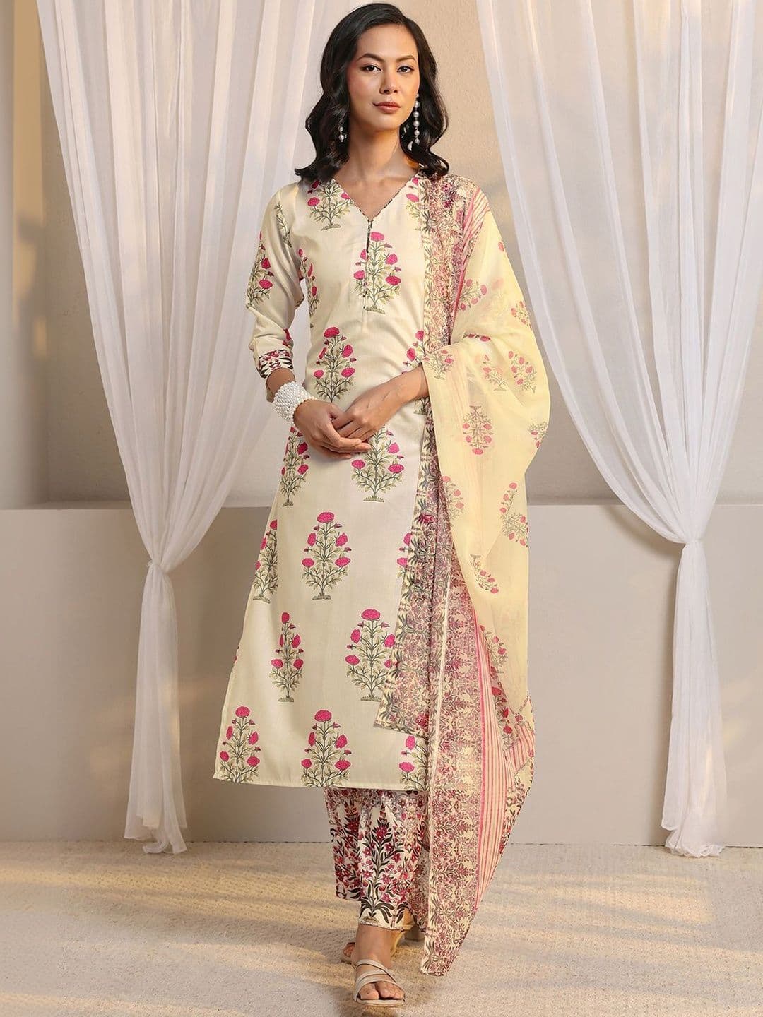 Libas Off White Floral Printed Chanderi Silk Straight Suit Set with Dupatta thumbnail 4