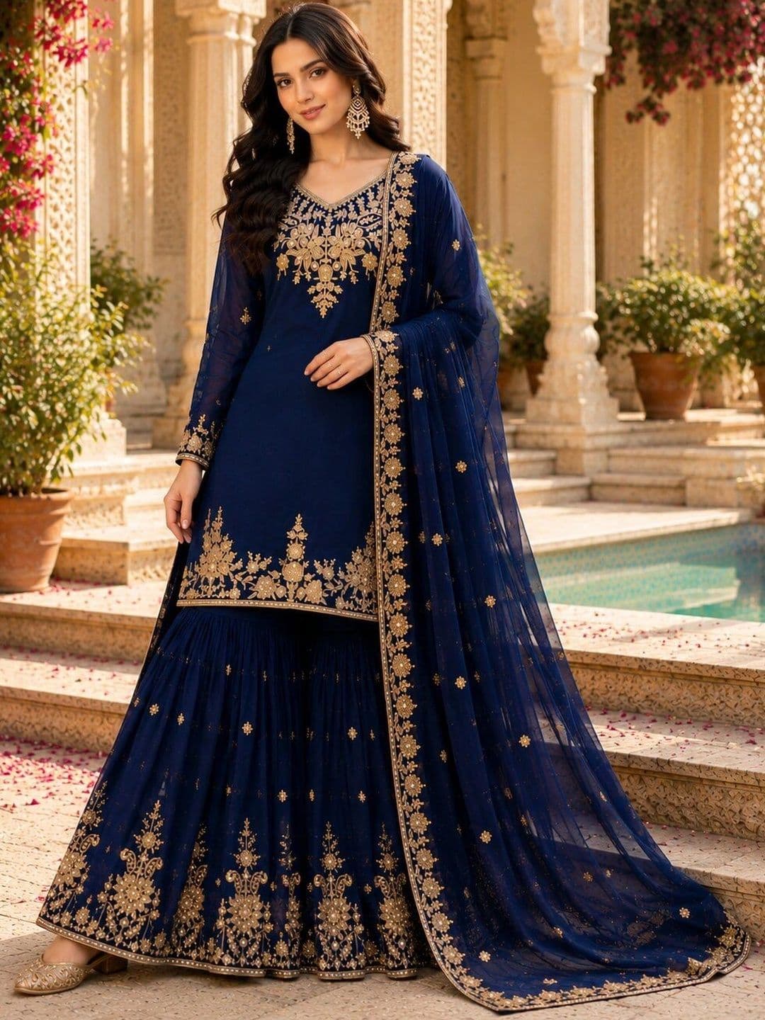 KALINI Women Ethnic Motifs Embroidered Regular Kurta with Sharara & With Dupatta thumbnail 5