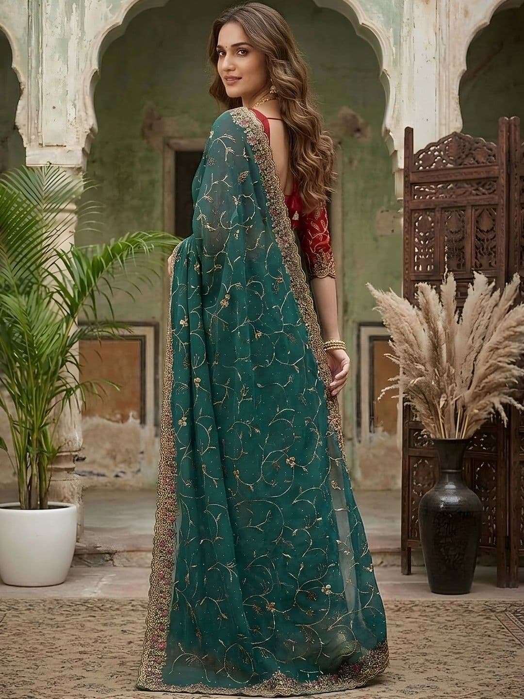 all about you  Women Floral Embroidered Silk Blend Fusion Saree thumbnail 2